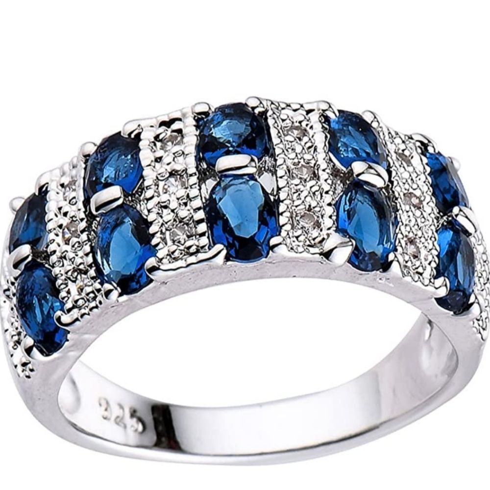 Sterling Silver 925 blue sapphire and crystal luxury ring sz 8 new